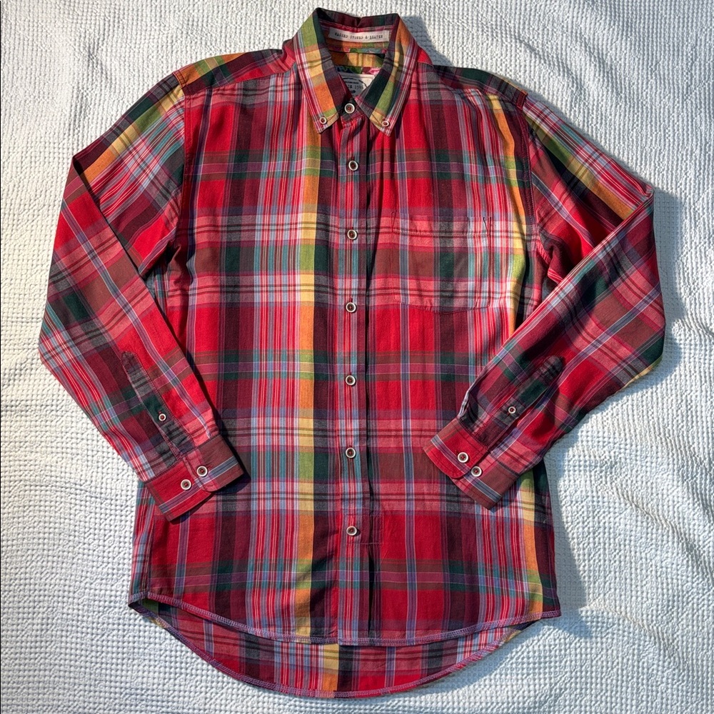 Vintage 1946 Madras Red Plaid Button-Up Shirt, Charleston-Made, Medium, EUC